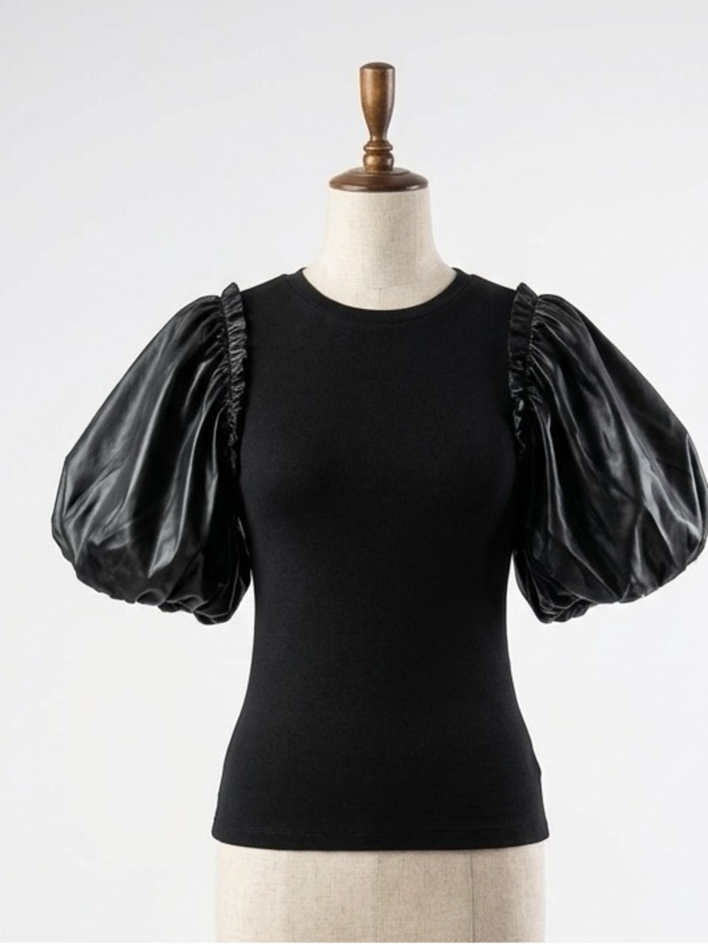 Black Faux Leather Puff Sleeve Ruffle Shoulder Statement Top - Picture 5 of 5